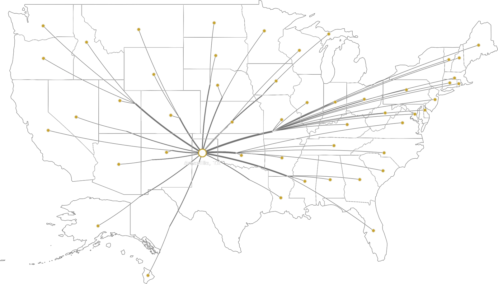 A map of the United States with lines running from Amarillo,
      Texas to client locations across the country